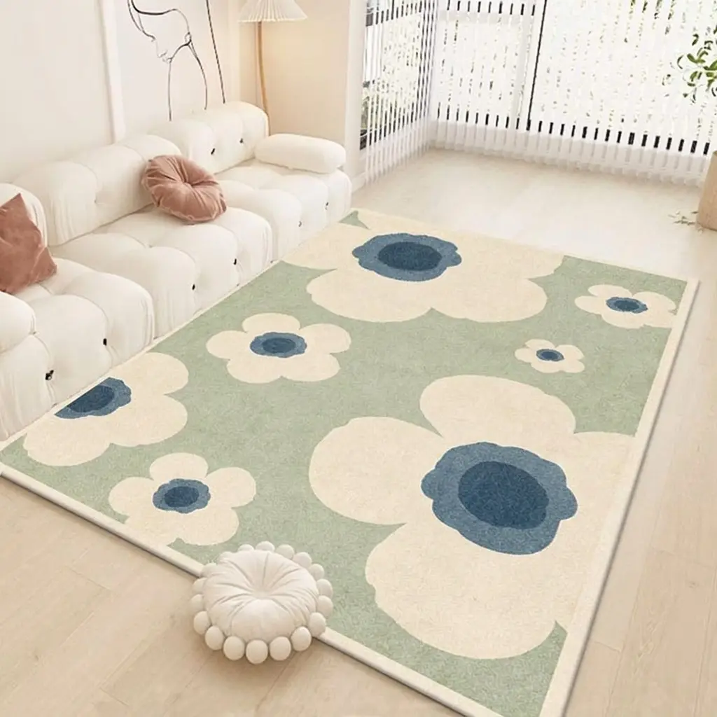 100cm*160cm/3.28'*5.25' Nordic Pastel Floral Print Area Rug, Cartoon Scattered Flowers Floor Rug, Fashion Aesthetic Home Carpet for Bedside, Lounge and Playroom