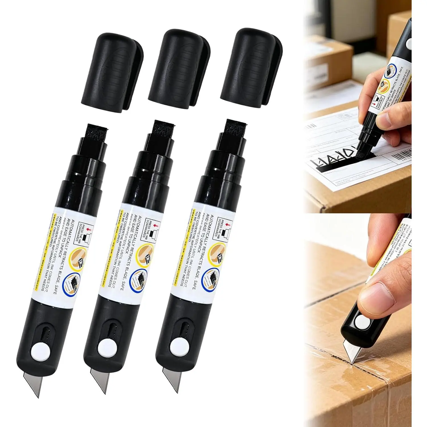 3Pack Secure Marker Redacting Pens with Unpacking Knifes,Black 10mm Ultra-wide Pen Refill for any Surface, Protecting Blackout Markers for Mail,Documents,Envelopes
