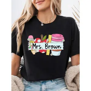 Personalized Teacher Graphic Tee, Custom Mrs Name School Supplies Print T-Shirt, 200GSM Short Sleeve Crew Neck Top(black  white)