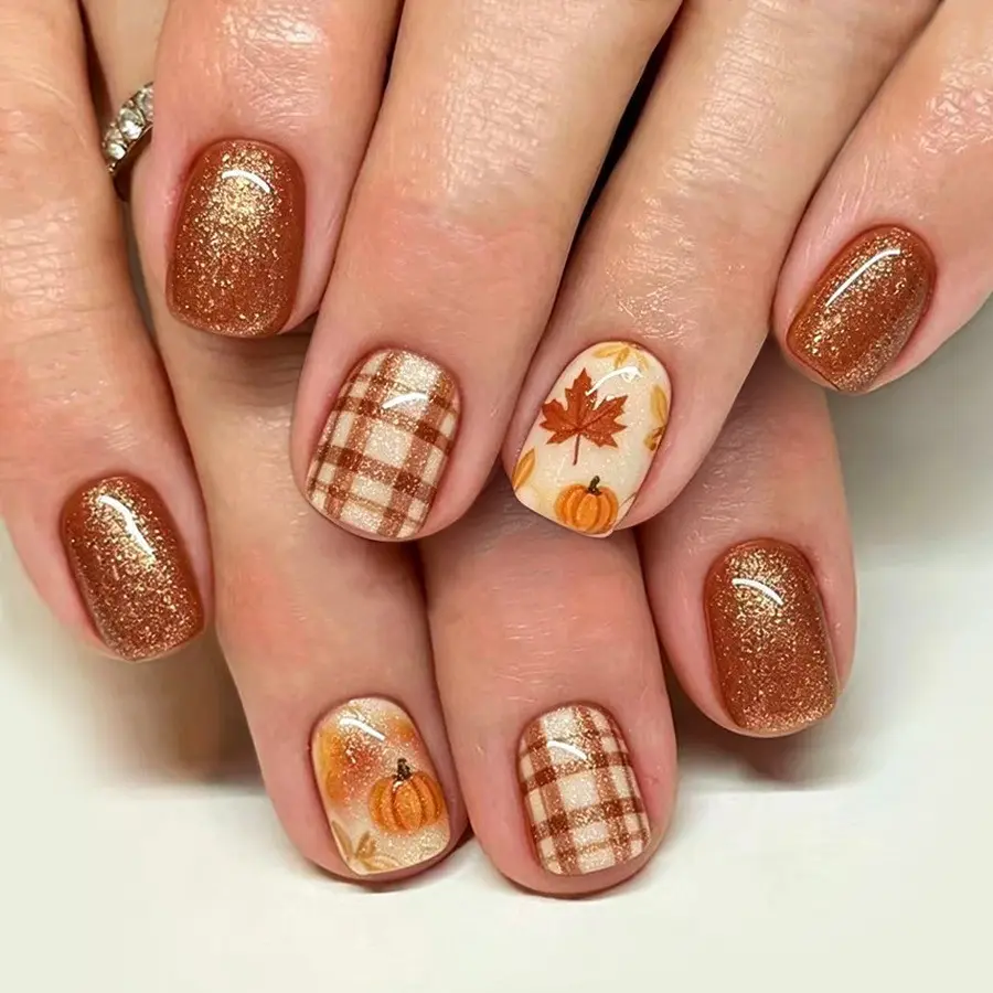 Short Ballerina Nails, Textured Finish, Pumpkin Maple Leaf Design, 24-Piece Press-On False Nails, Decorative Nails, DIY for Women and Girls