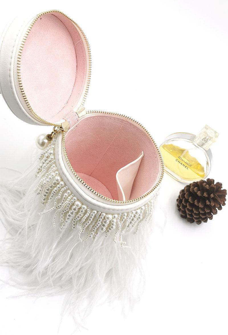 2026 Fashionable Light Luxury Pearl Tassel Feather Bag Round Barrel Single Shoulder Handbag Crossbody Bag