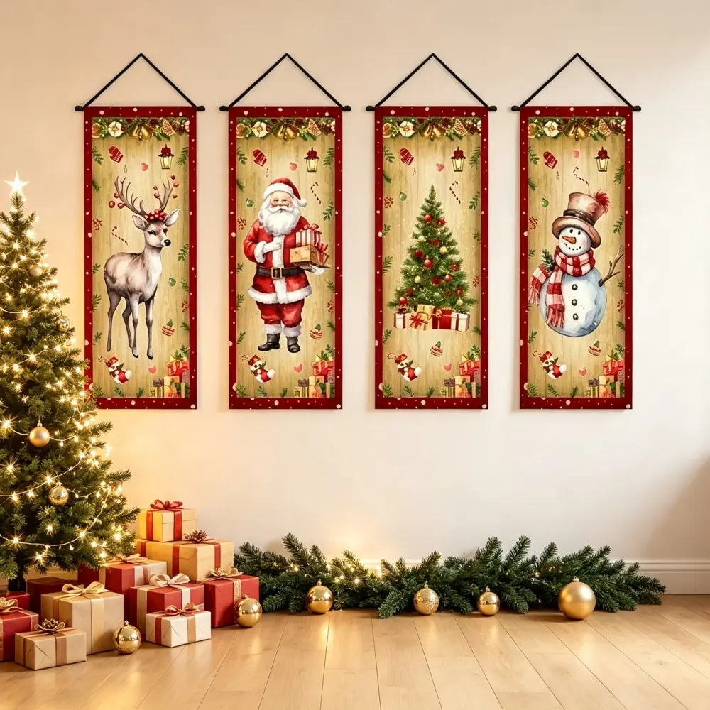 4Pcs Vintage Rustic Christmas Polyester Hanging Banner, Santa Reindeer Snowman Xmas Tree Print Tapestry, Fireplace Wall Hanging Decor for Xmas Party Home Decoration