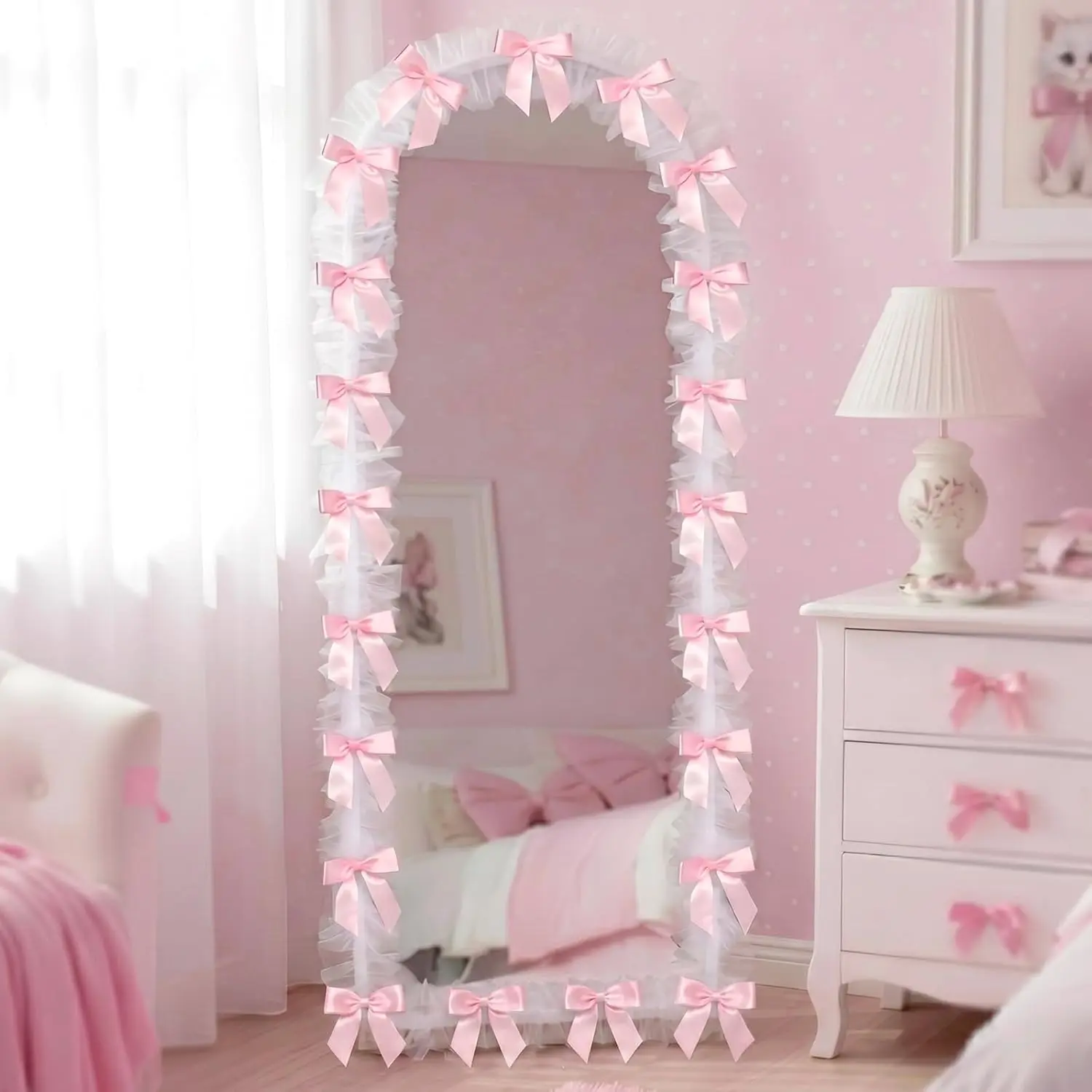 Breling Coquette Pink Bow Lace Mirror Frame Trim 59"x16" Ruffle Fluffy Mirror Border, Soft Non Slip Organza Mirrors Cover Coquette Warm Home Decor for Bedroom Vanity Cloakroom Gift for Girl Women