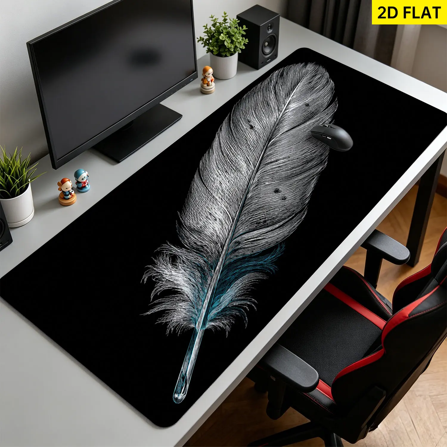 Extra Large black and white feather artistic Mouse Pad,Non Slip Rubber Pad,Desktop Decoration Drotection Pad,Washable,Lock Edge Multi Size,Premium Multipurpose Mousepad For Office,Home Study,Gift for Family and Friends
