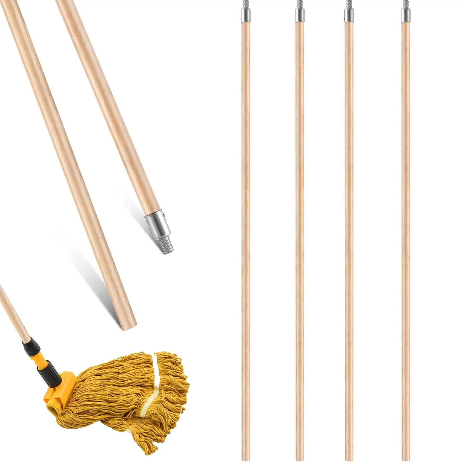 4-Pack 72-Inch Heavy-Duty Lacquered Broom Handles, 1" Diameter with Metal Threaded Tips, Synthetic for Commercial Office Floor Clean Home Care Supplies, Office Clean
