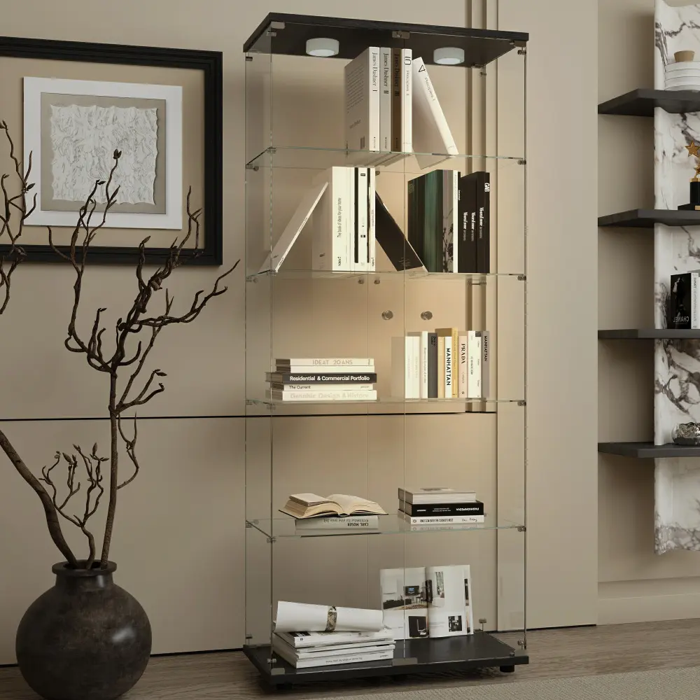 Tempered glass display cabinet,liquorcabinet,storagecabinet,filecabinet,with paipai lights,with locks,bottom equipped with adjustable feet,suitable for uneven,living room bedroom,corridor,office,black