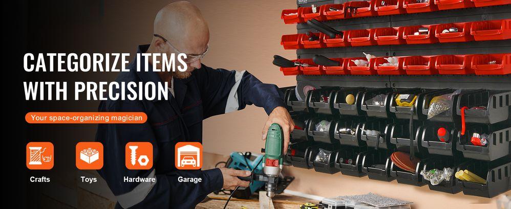 Wall Mounted Storage Bins, 48-Bin Parts Rack Organizer Garage Plastic Shop Tool with Wall Panels, Tool Organizer for Nuts, Bolts, Screws, Nails, Beads, Buttons, Other Small Parts, Black and Red