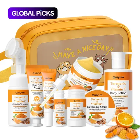 Turmeric Skincare Set, Facial & Body Personal Care Kit for Cleansing, Hydrating and Moisturizing, Moisturizing Exfoliating Set, Includes Turmeric Facial Cleansing Mousse, Serum, Scrub, Eye Cream, Body Lotion, Peel-Off Mask #GLOBAL PICKS