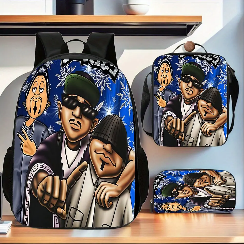 Homies hip-hop trio cartoon illustration three-piece school bag set, includes matching lunch bag and pencil case, suitable for daily schoolwork and weekend outings