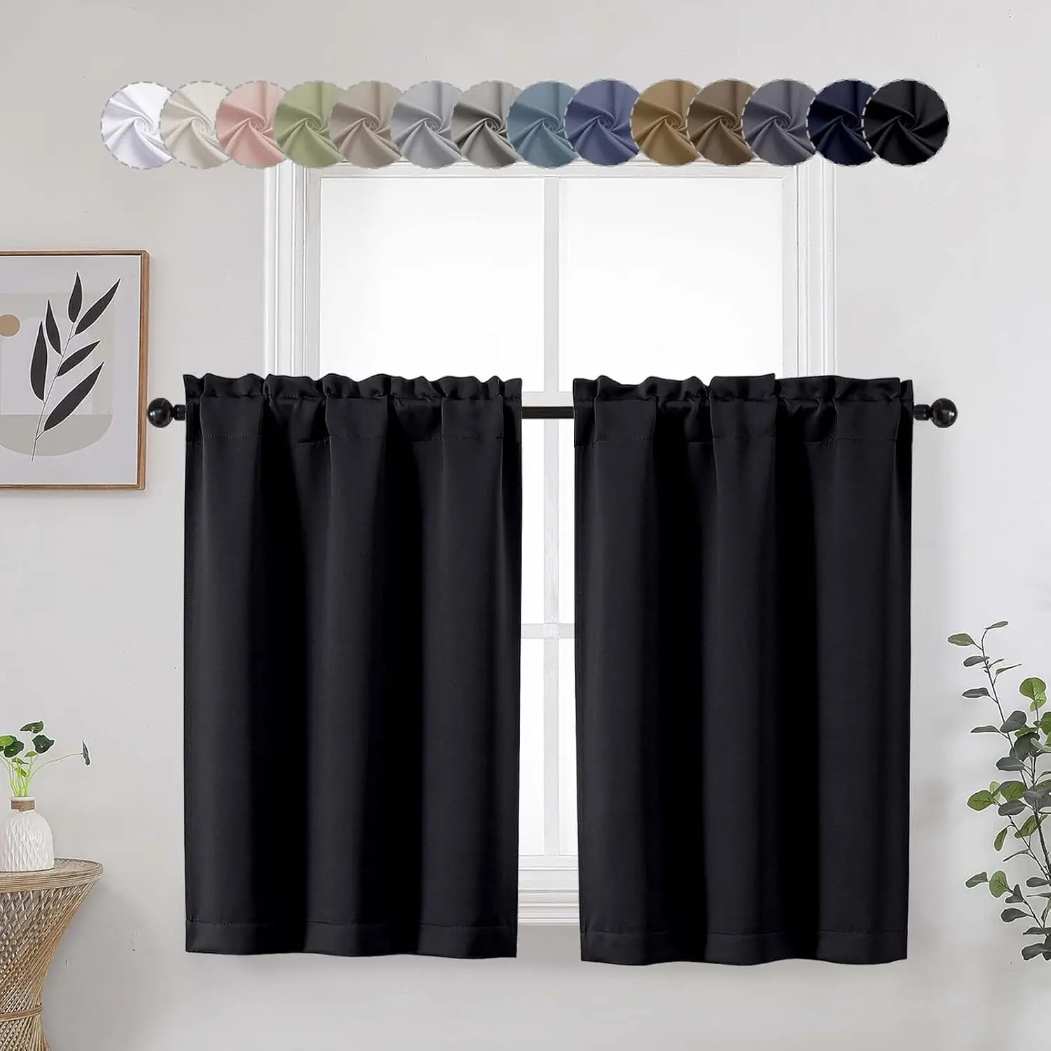 2 Panels 36 Inch Length Tier Curtains, Short Thermal Insulated Room Darkening Blackout Curtains for Small Kitchen Window Over Sink Bathroom Basement, Black, Each 30"Wx36"L