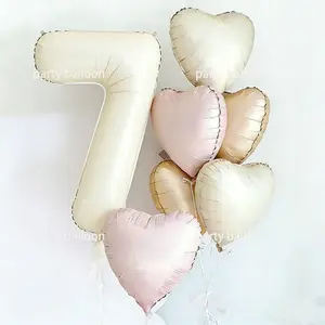 8-Piece 32-Inch Cream Color Heart Shaped Aluminum Foil Balloons, Birthday Party Decor Set, Perfect for Anniversaries, Valentine's Day, Photography