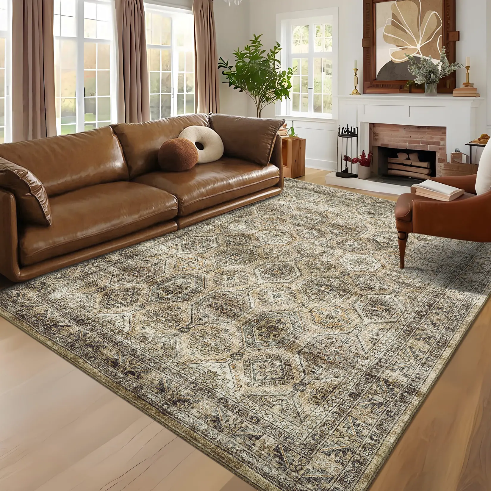 Washable Patchwork Floral Area Rug, Vintage Oriental  Distressed Medallion Low Pile Carpet, Stain Resistant Non Shed Indoor Floor Mat, Easy Clean Antique Traditional Rug for Living Room Bedroom Farmhouse Decor