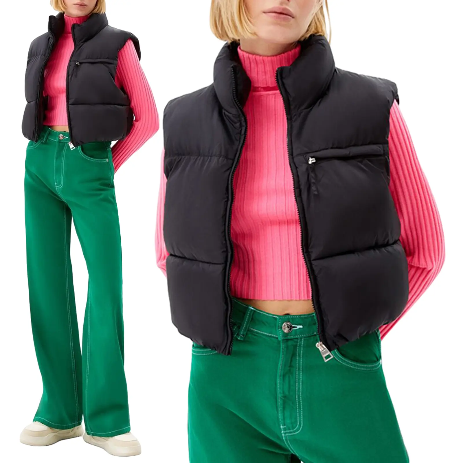 Women's Cropped Puffer Vest Tops - Warm Solid Color, Lightweight, Sleeveless, Front Zipper, Multi-Size Modern Everyday Winter Streetwear Outerwear