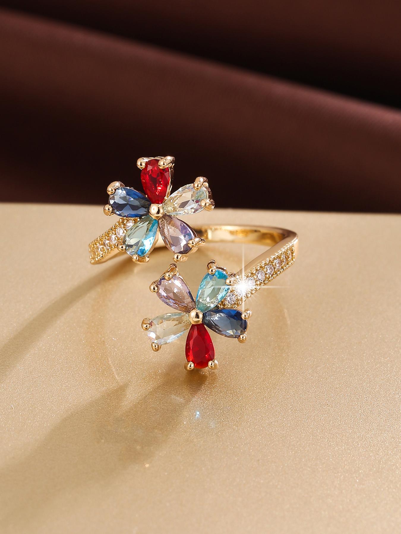 A fresh floral design with an artificial zircon opening for adjustable ladies' rings Cubic Zirconia Rings