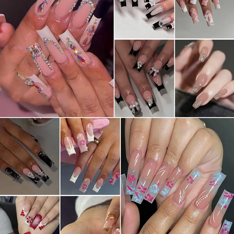 240pcs Long Square Press-On Decorative Nails Set, Bow, Rhinestone Stars, Floral, Leopard Print, Easy to Wear, Perfect for Parties