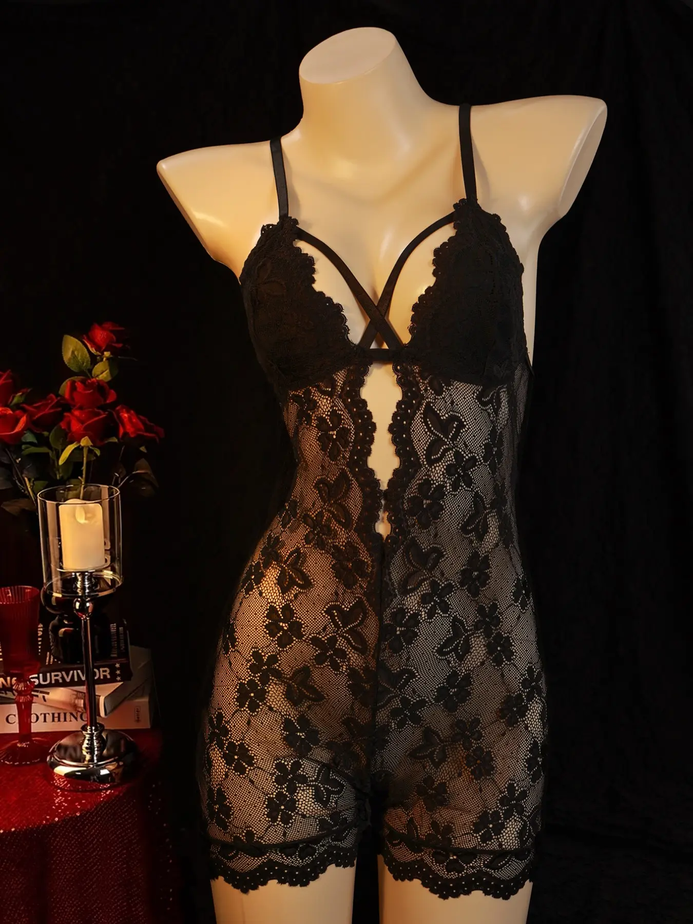 Floral Lace Teddy Lingerie for Women, Criss Cross Deep V, Open Back, Adjustable Strap, One Piece Sleep Romper, Sizes S-Xl