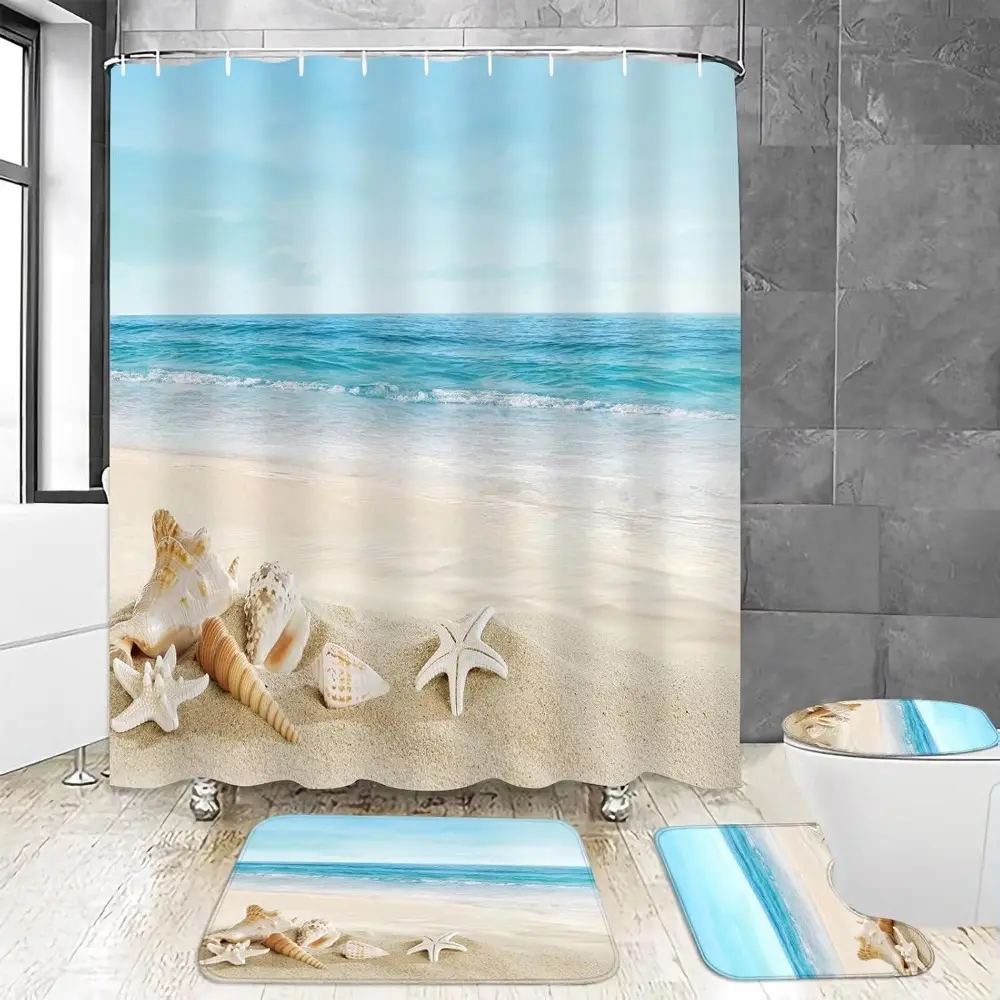 Summer Beach-Themed 4-Piece Bathroom Decor Set Bundle - Includes Waterproof Shower Curtain, Non-Slip Bath Mat, U-Shaped Rug, Toilet Lid Cover, and 12/24 Hooks (Home Bathroom Supplies), Four Pieces