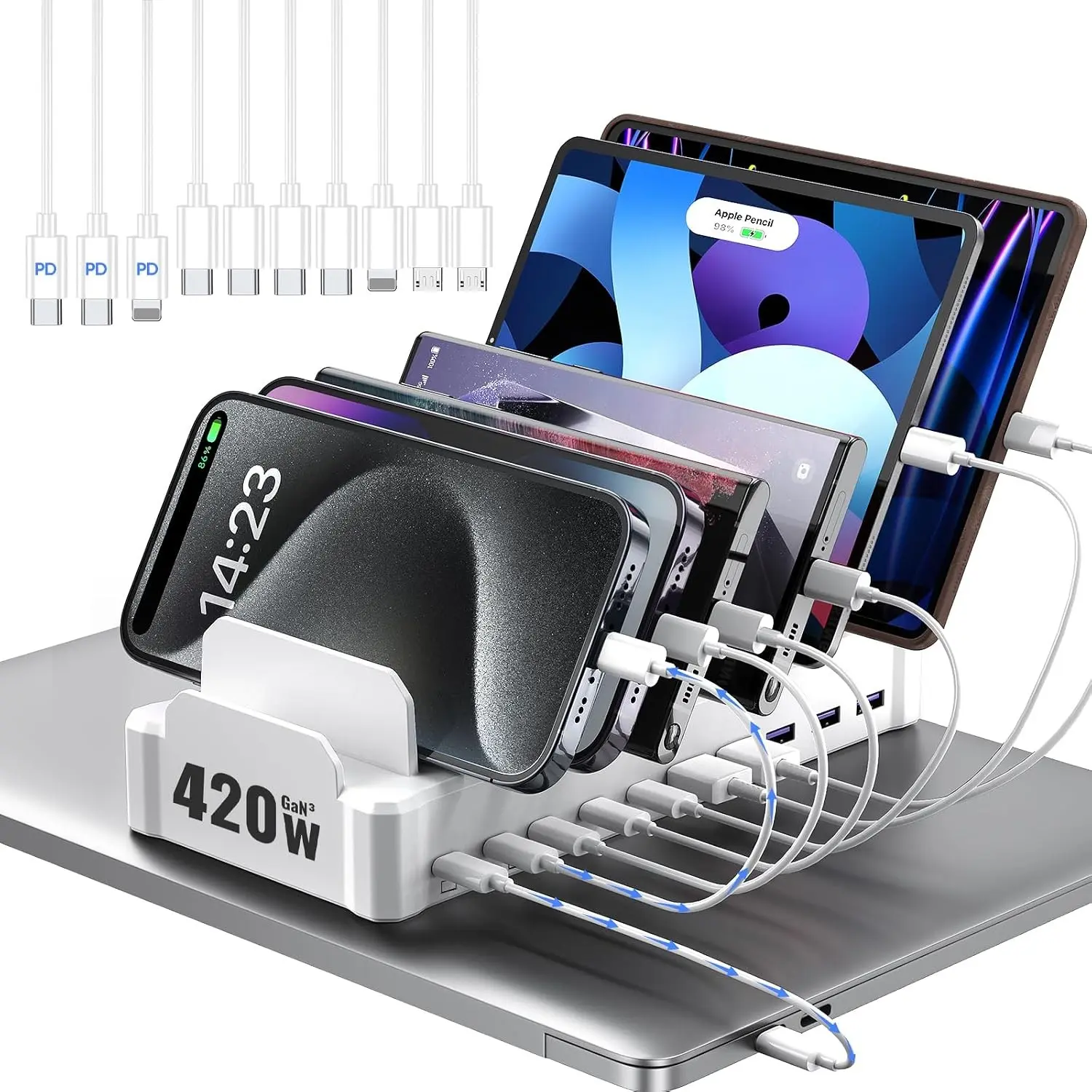 420W 10-Port Fast USB Charging Station for Multiple Devices, White | USB-C 1 & 2: Dual 65W Laptop Charging; 3x45W and 5x30W Ports for Phones, Tablets & Accessories; Includes 10 Cables