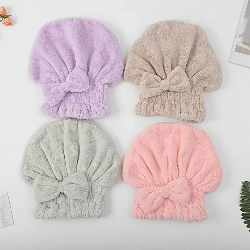 Soft Ultra Absorbent Hair Drying Towel Wrap with Bow 2 Piece Set Premium Microfiber Turban Hair Cap Solid Color Self Care Travel Accessories Gifts for Women