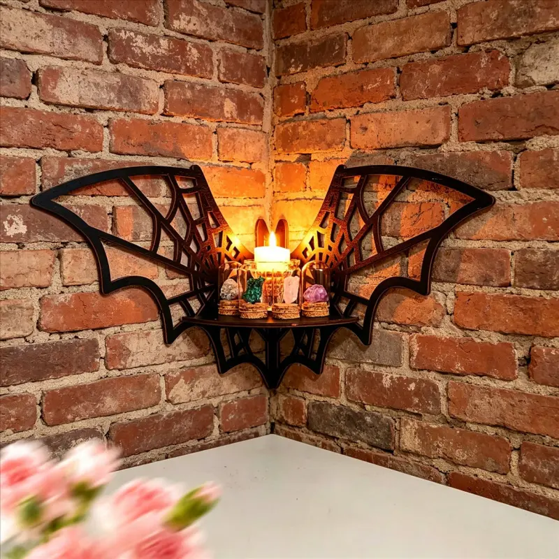 Halloween Bat Corner Shelf, Decorative Wooden Wall Mount Display, Gothic Spiderweb Design, Black, Floating Shelf for Placing Candle Holders, Vases, Book