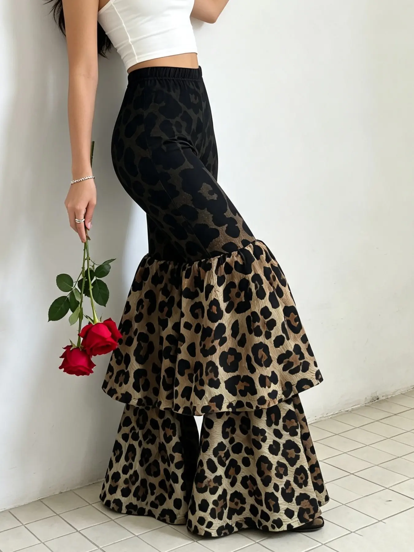 2026 Fall Winter Women's Fashion Leopard Print Fitted Long Pants, Wide Leg Ruffle Design, Party, Gathering, Streetwear, Bottoms