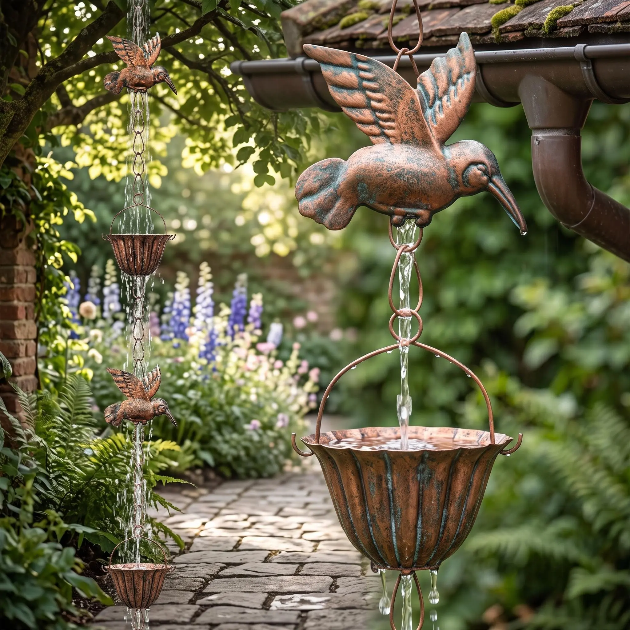Hummingbird Rain Chain with Cups, 8.8FT Antique Copper - Outdoor Garden Decor - Metal Downspout Replacement - Brown Iron Art for Yard and Patio
