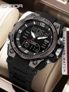 1pcs Sanda6252 Top Brand Fashion Men's Electronic Watch, Multi-Function 50m Waterproof LED Countdown, Quartz Movement, Alloy Case