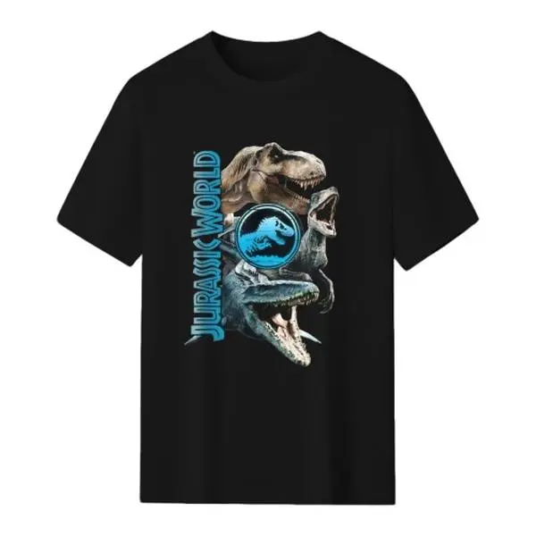 Jurassic World Vertical Blue Gradient Logo T-Rex Mosasaurus Velociraptor Three Giant Dinosaur Retro Distressed Movie Graphic T-Shirt Men Crew Neck Short Sleeve Black Tee Dino Fan Comic Convention Street Tops For Adult Men Teen Boys Guys Jurassic Dinosaur