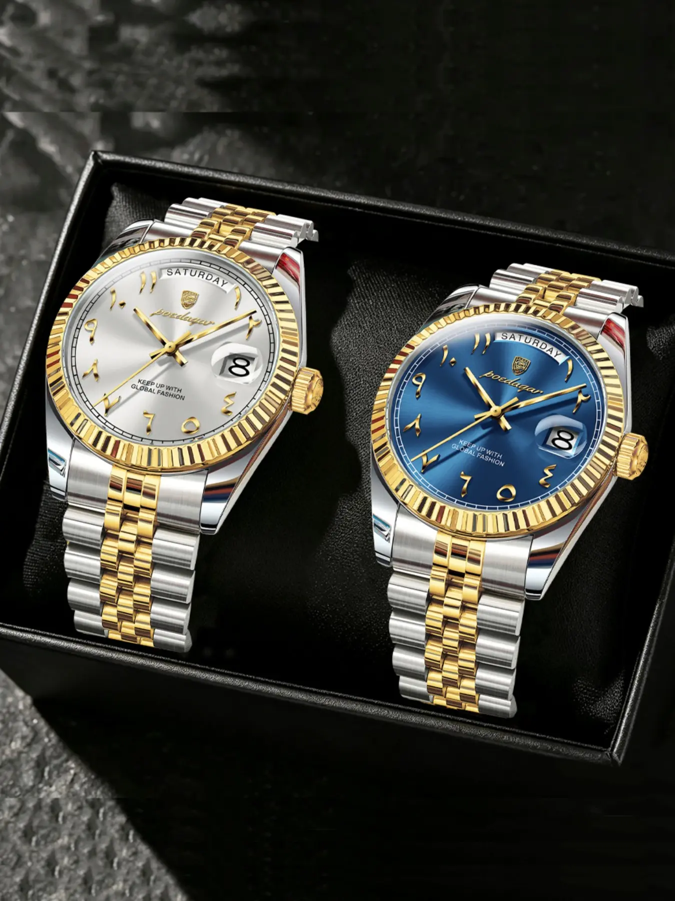 POEDAGAR Classic Men's Quartz Exquisite Watch Set Stainless Steel Strap Roman Digital Double Calendar Waterproof Night Light Business Dress Versatile Light Luxury Watch