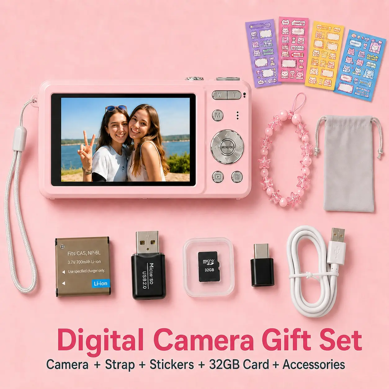 New Slide Cover Digital Camera Ccd, High Definition Photo Video, Includes 4 Cute Stickers and Bracelet, Perfect Birthday Gift for Friends