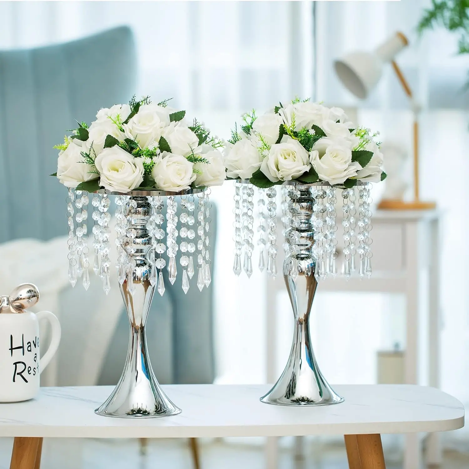 Two-Pack Silver Color Vase Centerpieces, 13.8 Inch Crystal Flower Arrangement Stand, Wedding Table Decor, Party Decoration, Home Decoration