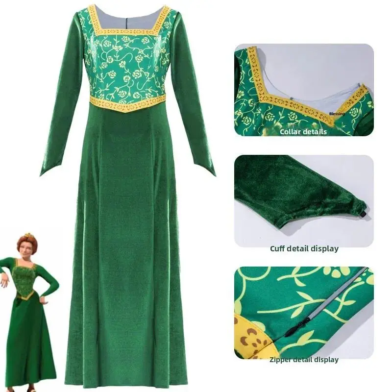 Anime Monster Shrek Fiona Princess Cosplay Costume Set Green Long Sleeves Outfits Wig Headwear Dress Set Stage Halloweem Party