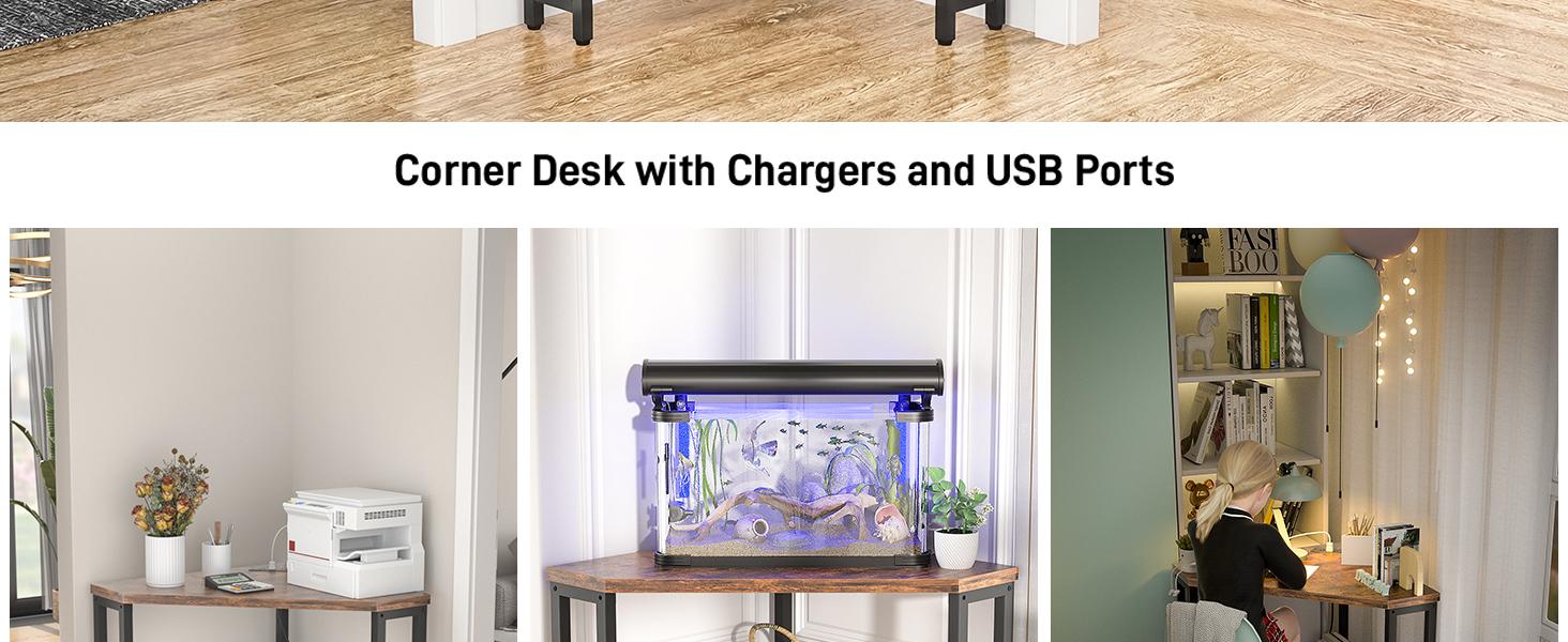 Corner Small Desk with Outlets Corner Table for Small Space Industrial Computer Desk with Storage for Home Office, Workstation, Living Room, Bedroom