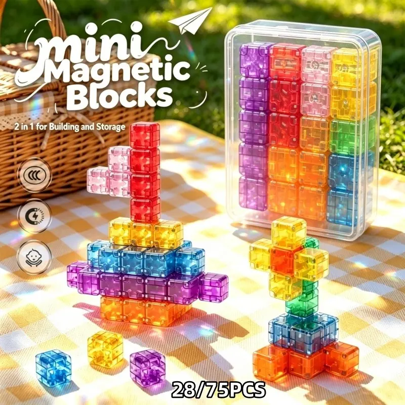 75pcs Magnetic Building Blocks Set, Stem Educational Toy for Kids Ages 3+, Safe Rounded Edges, Travel-Friendly Design, Random Colors