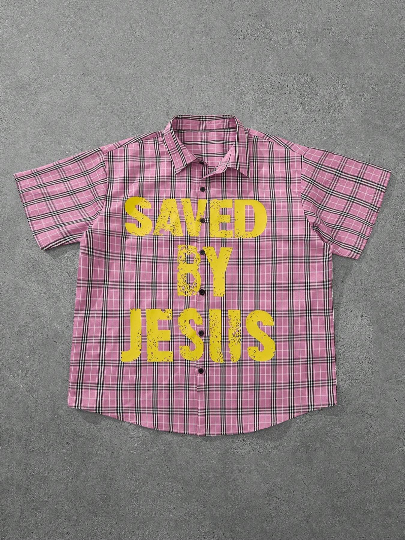 Men's Letter Print Short Sleeve Button Front Shirt, Regular Fit Casual Street Soft Comfy Collared Top for Daily Wear, Men's Clothes for All Seasons, Casual Trendy Shirt