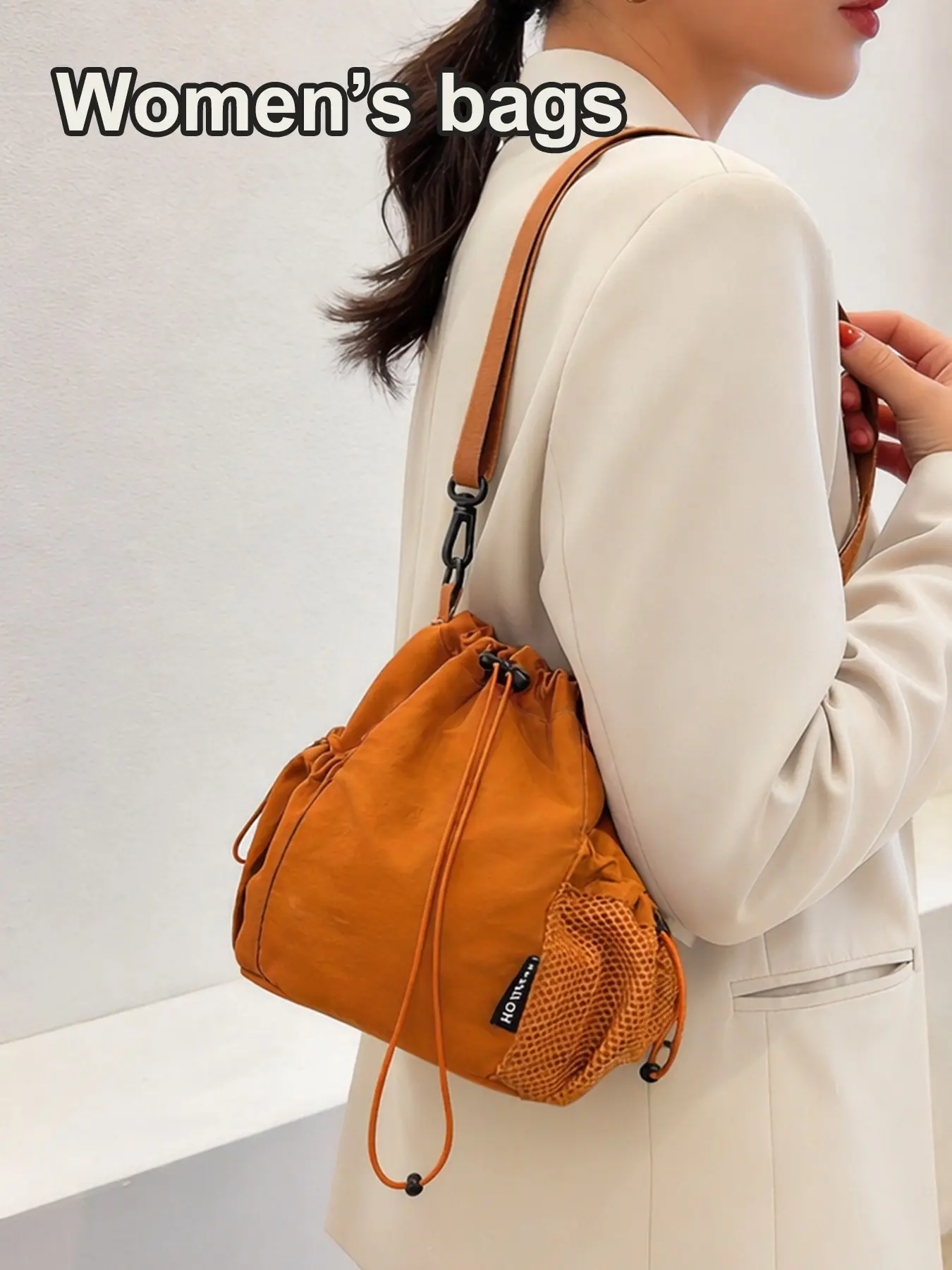Lightweight Nylon Bucket Bag, Drawstring Closure, Crossbody Sling Shoulder Bags, Casual Fashion, Street Daily, Japanese Style for Women, City Crossbody
