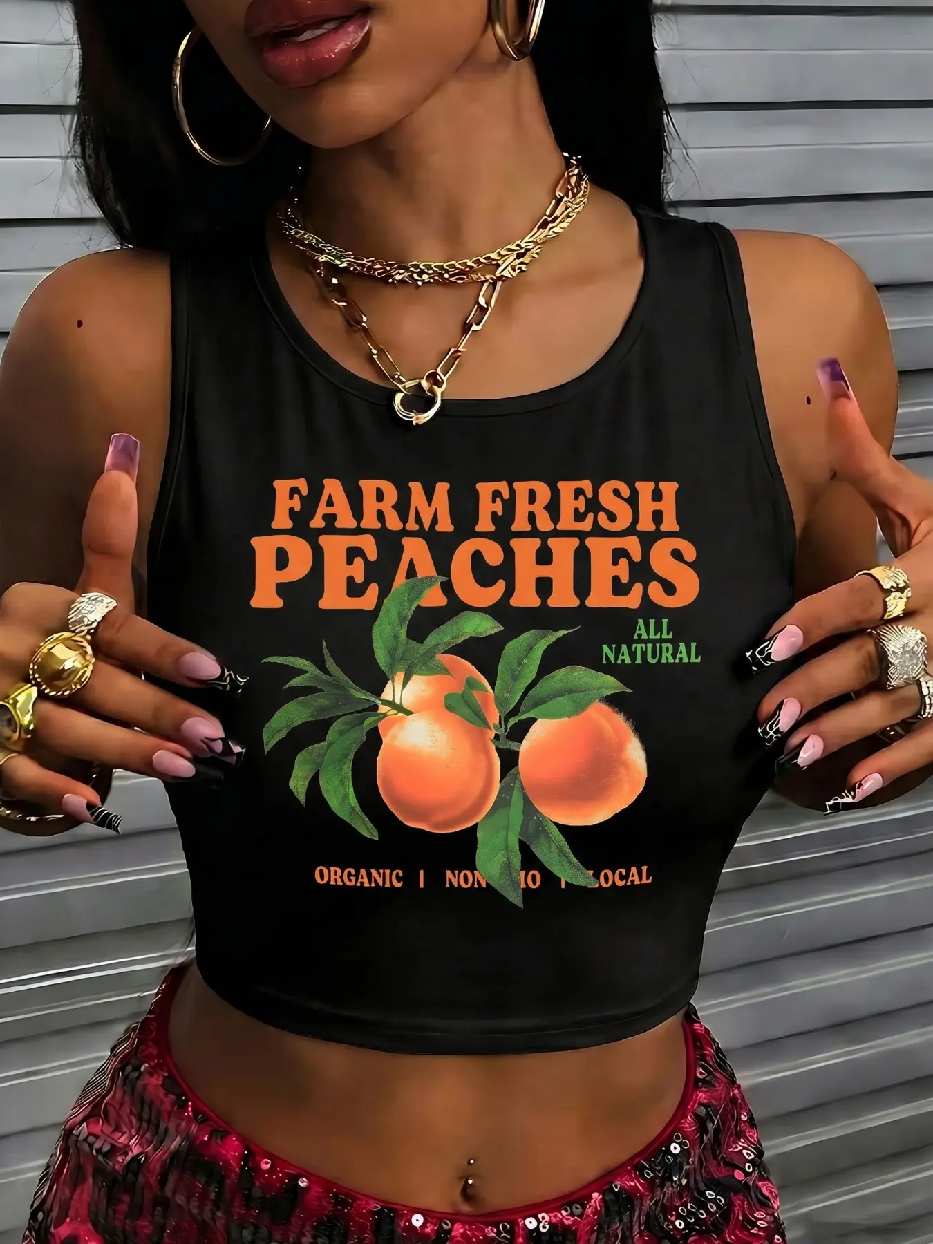 Y2K Style Casual Peach Print Short Tank Top Vest, Casual Sleeveless Tops, Vintage Fruit Print Slim Fit Sleeveless Shirt, Summer Streetwear for Women, Z Generation Fashion
