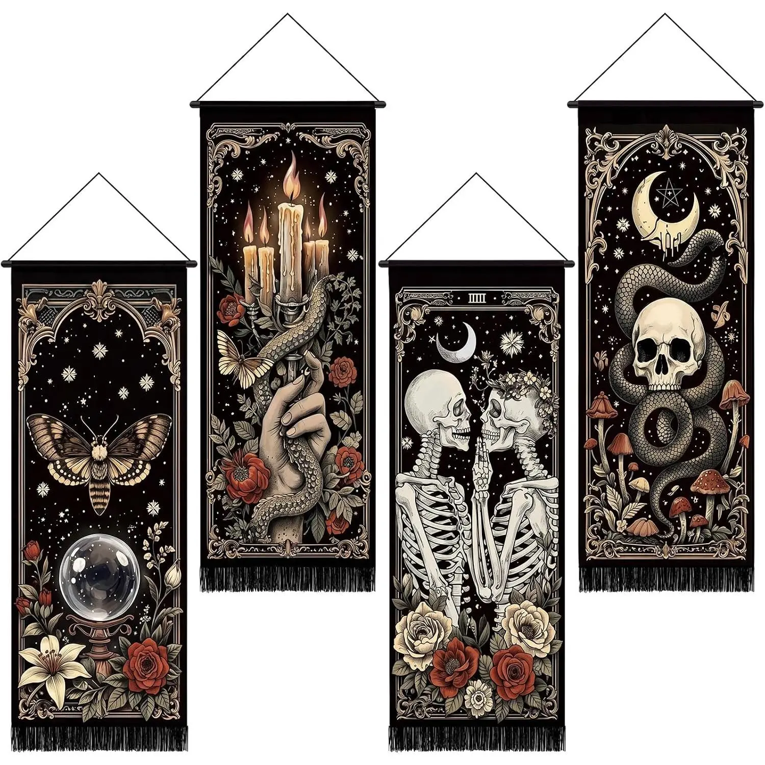 Tiamon 4-Piece Witchy Gothic Wall Tapestry Set Pack - 51.2x12.8" Cotton Linen Vertical Hanging Art with Skull, Snake, Moth, Mushroom, Vintage Moon for Halloween Home Bedroom Decor (Wall Mount Compatible)
