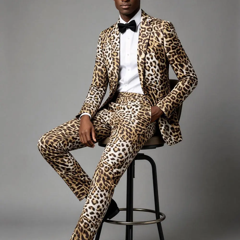 Men's 2-Piece Suit, Fitted Shiny Leopard Print Tuxedo Jacket and Pants for Party, Wedding & Stage Performance, Plus Size, Embroidered, Large Body Men's Suit Separates, Extended Size Men's Suit Separates Blazer Formal Menswear Outfit