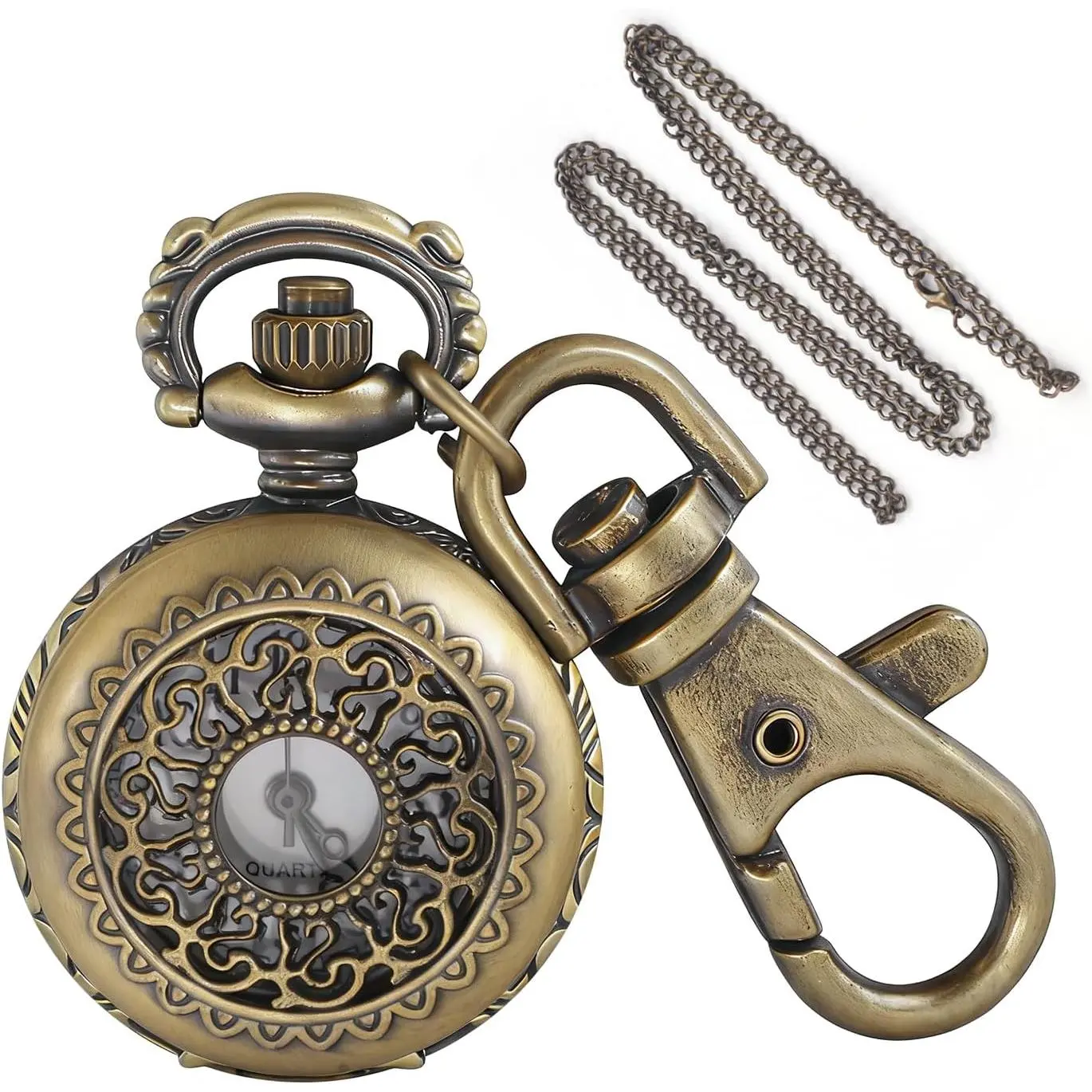 Women's Retro Bronze Finish Engraved Mini Quartz Pocket Watch - Keychain, Necklace Chain Included, Special Events Gift Accessory (KPW-13)