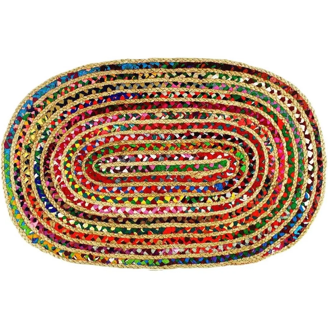 Handwoven Reversible Jute & Natural Recycled Cotton Chindi Braid Rag Rug - 2x3 Ft Oval Multi Color Area Rug, Boho Farmhouse Rustic Accent Rug for Living Room Carpet Home DécorGift