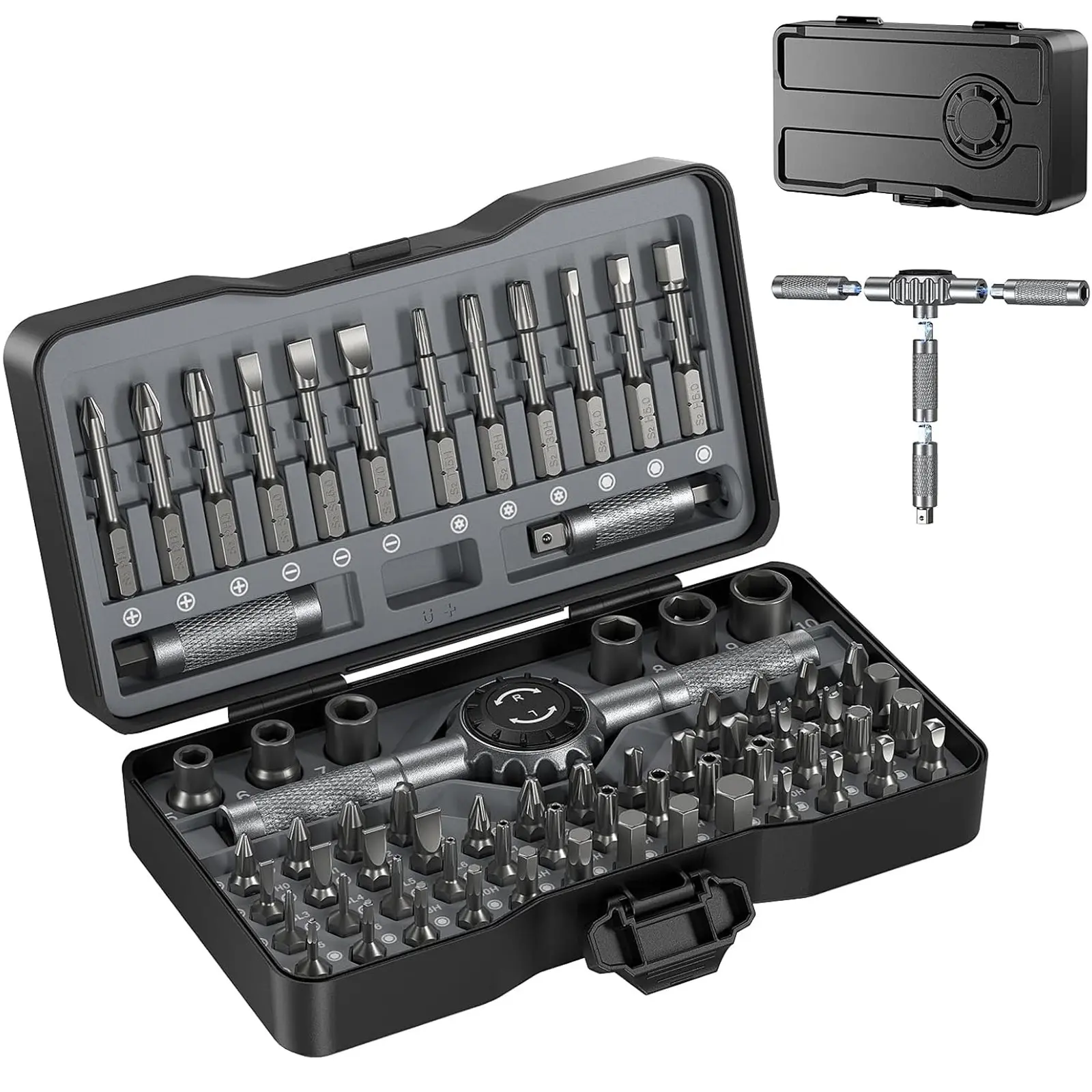 69 in 1 Magnetic Screwdriver Set with 4 Handles, Ratcheting Screwdriver Set, S2 Steel Bits, Precision & T-Handle, Multi Bit Tool Kit, Multifunctional Screwdriver, Multipurpose Screwdriver Kit, T Shaped Screwdriver for Home, Auto, Repair, Furniture
