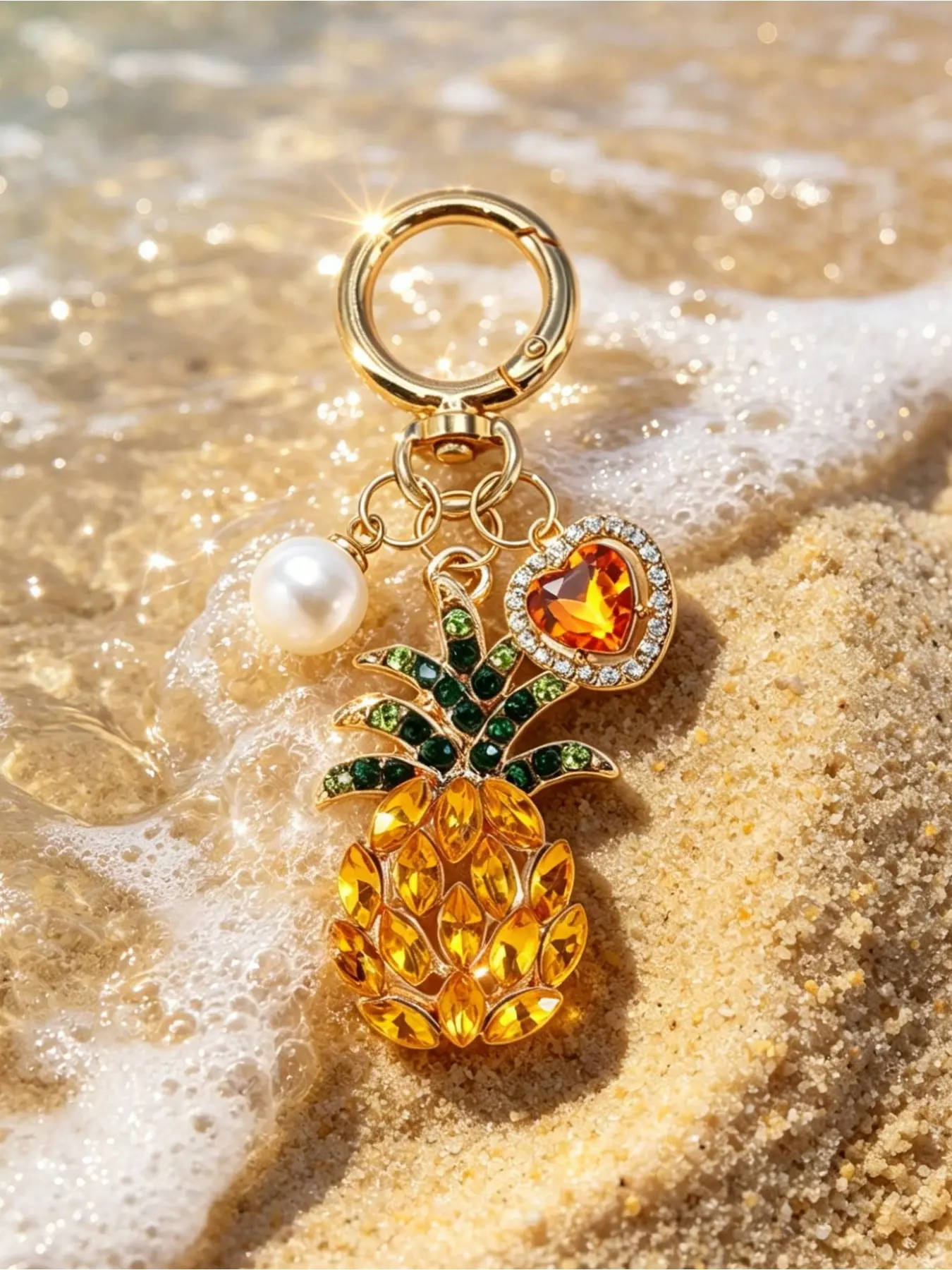 Pineapple Keychain, Tropical Fruit Bag Charm, Pearl & Heart Design, Water Drill Pineapple Pendant, Bohemian Summer Gift, Unisex, Cute Keychain