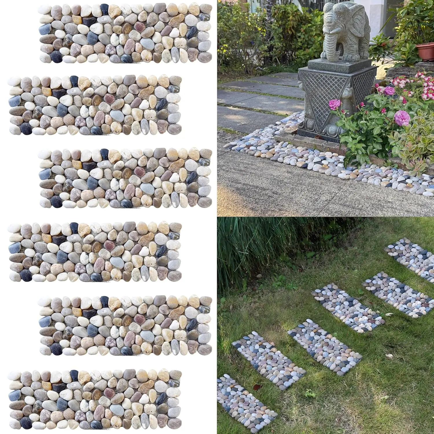 6 Pcs 15.5" L × 5.5" W River Rock Stepping Stones, Rectangular Polished Pebble Gravel Outdoor River Stone Mats for Yard Lawn Patio Pathway Garden Landscaping Decor