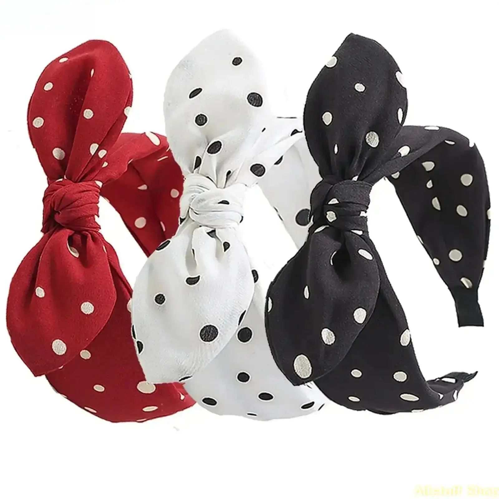 Women's 3-Pcs Fabric Headbands - Non-Slip Elastic Wide Band, Polka Dot Rabbit Ears Hair Hoops, Adjustable DIY Fashion Hair Styling Accessory for Sports, Casual Use, One Size Fits Most