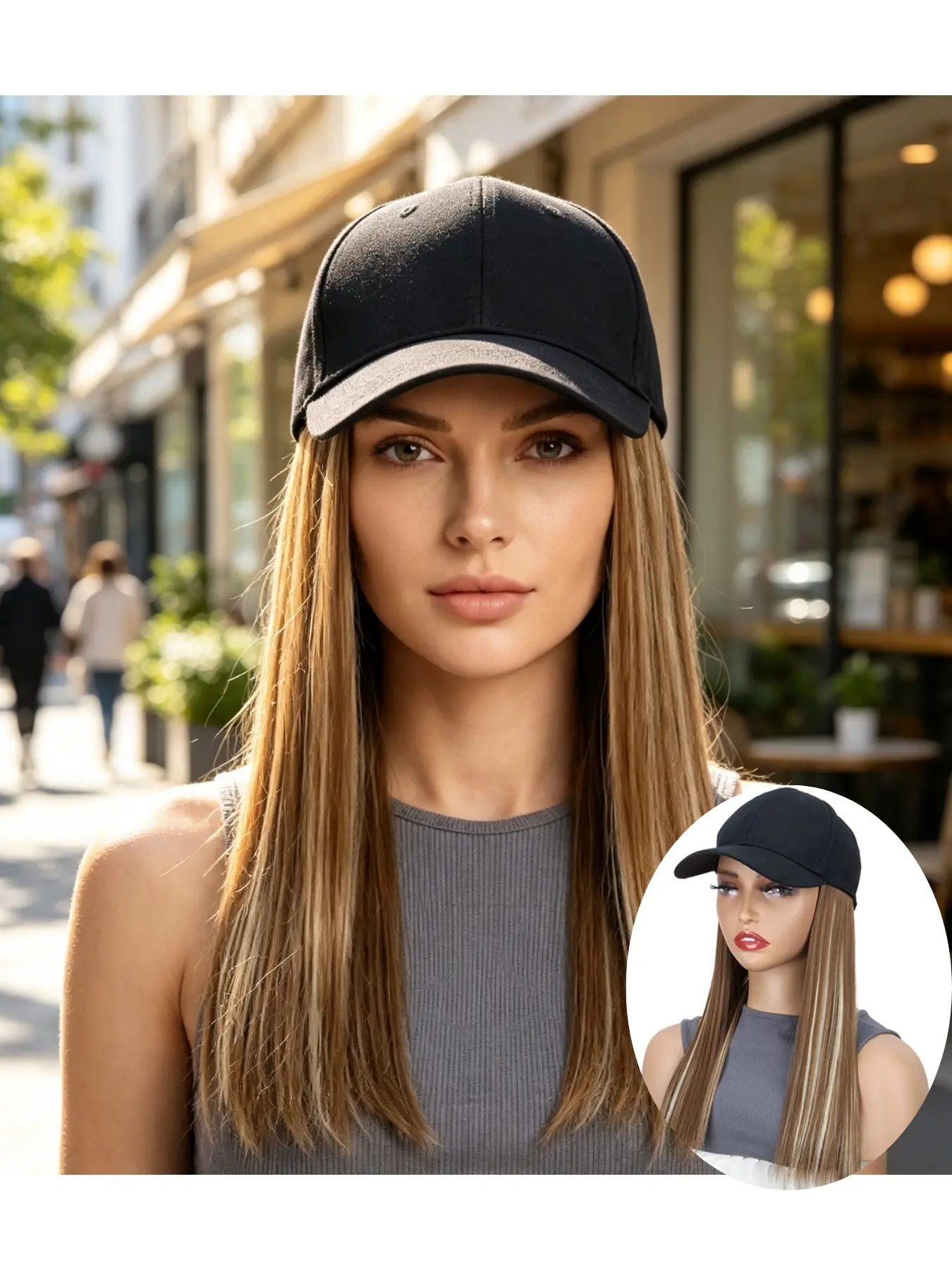 Women’s Baseball Cap Attached Long Straight Wig, 18inch Heat Resistant Synthetic Hair, Highlight Ombre Colors, Glueless Natural Look, Easy Wear Daily Street Fashion Wig Hat for US UK Girls, Synthetic Material Wigs