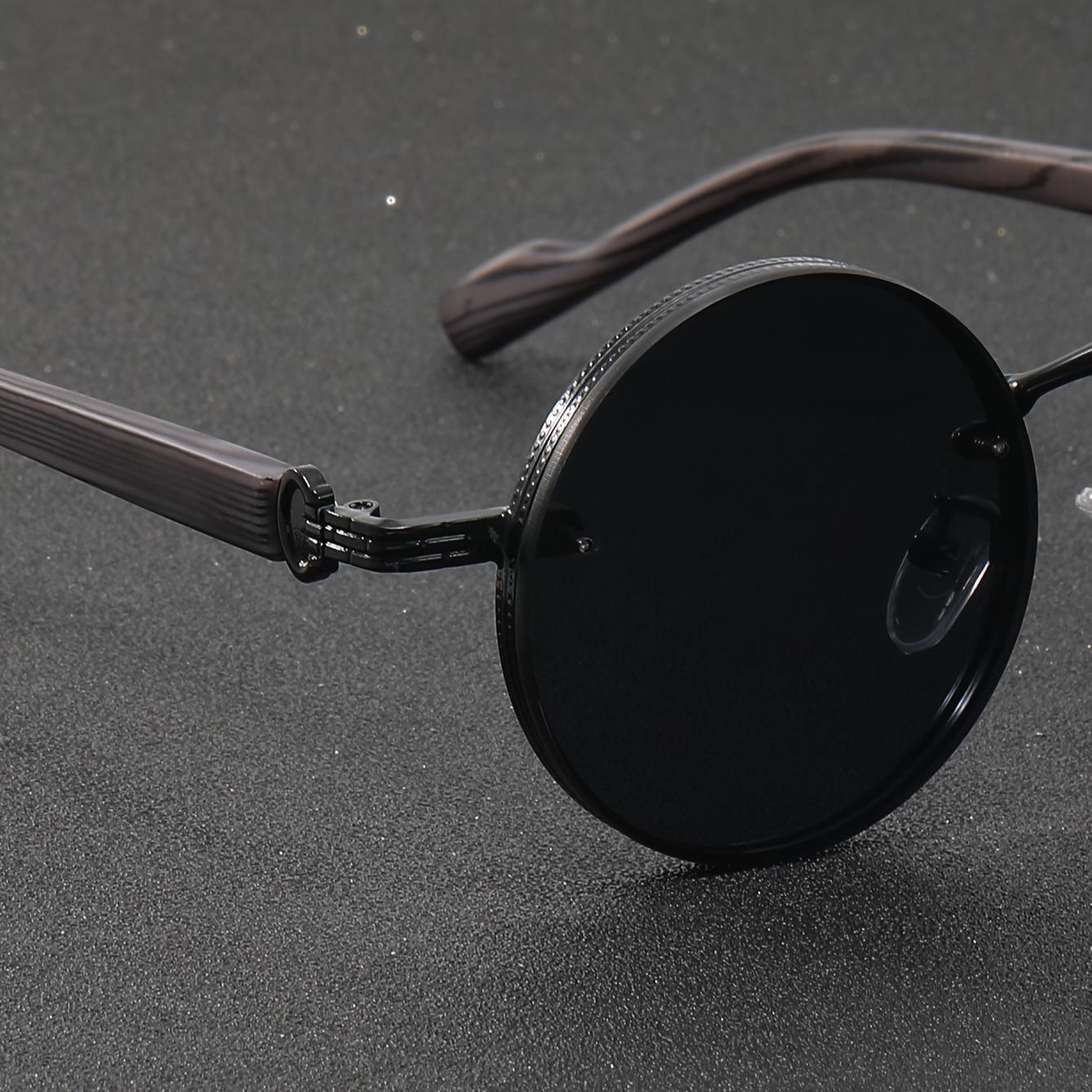 Men Retro Round Decorative Glasses Metal Full Rim Faux Wood Grain Temples Vintage Lightweight Eyewear