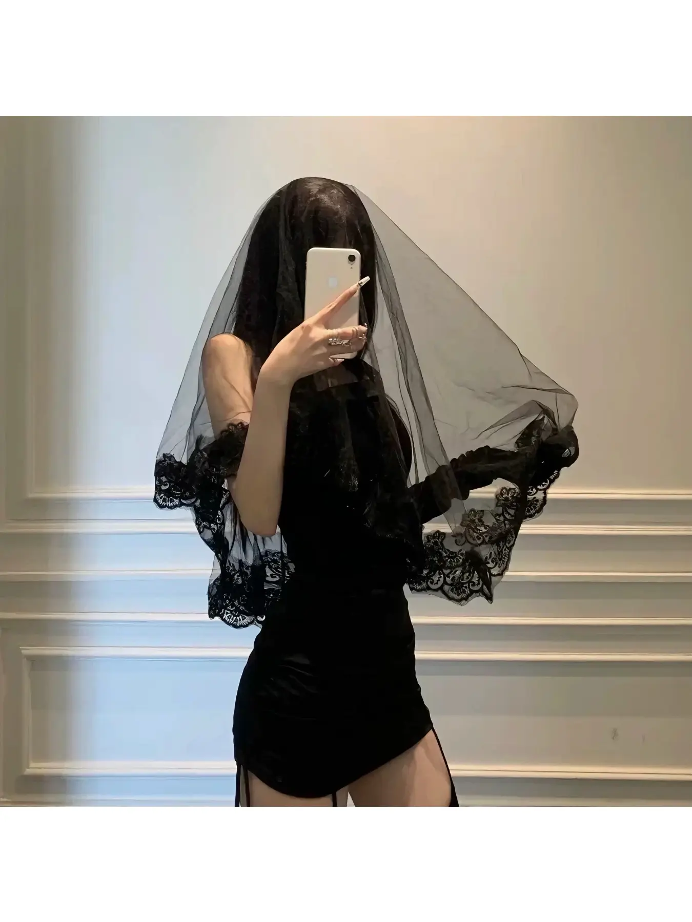 Black lace veil gothic virgin mary vampire bride dress props with tiara Party Cosplay
