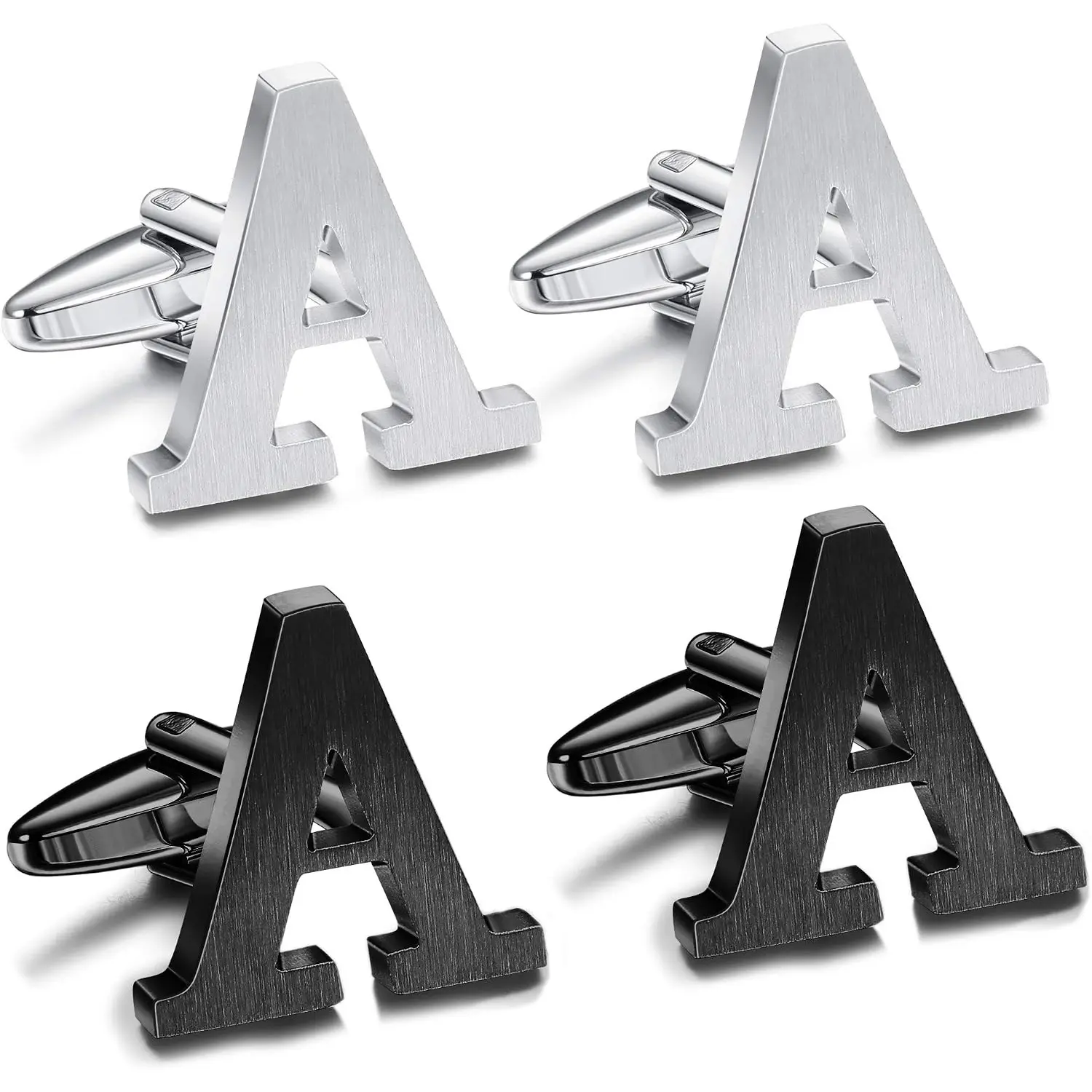 Men's Letter A Cufflinks Set, 2-Pair Minimalist Stainless Steel Initial Links in Silver & Matte Black for Wedding, Business, Anniversary Party