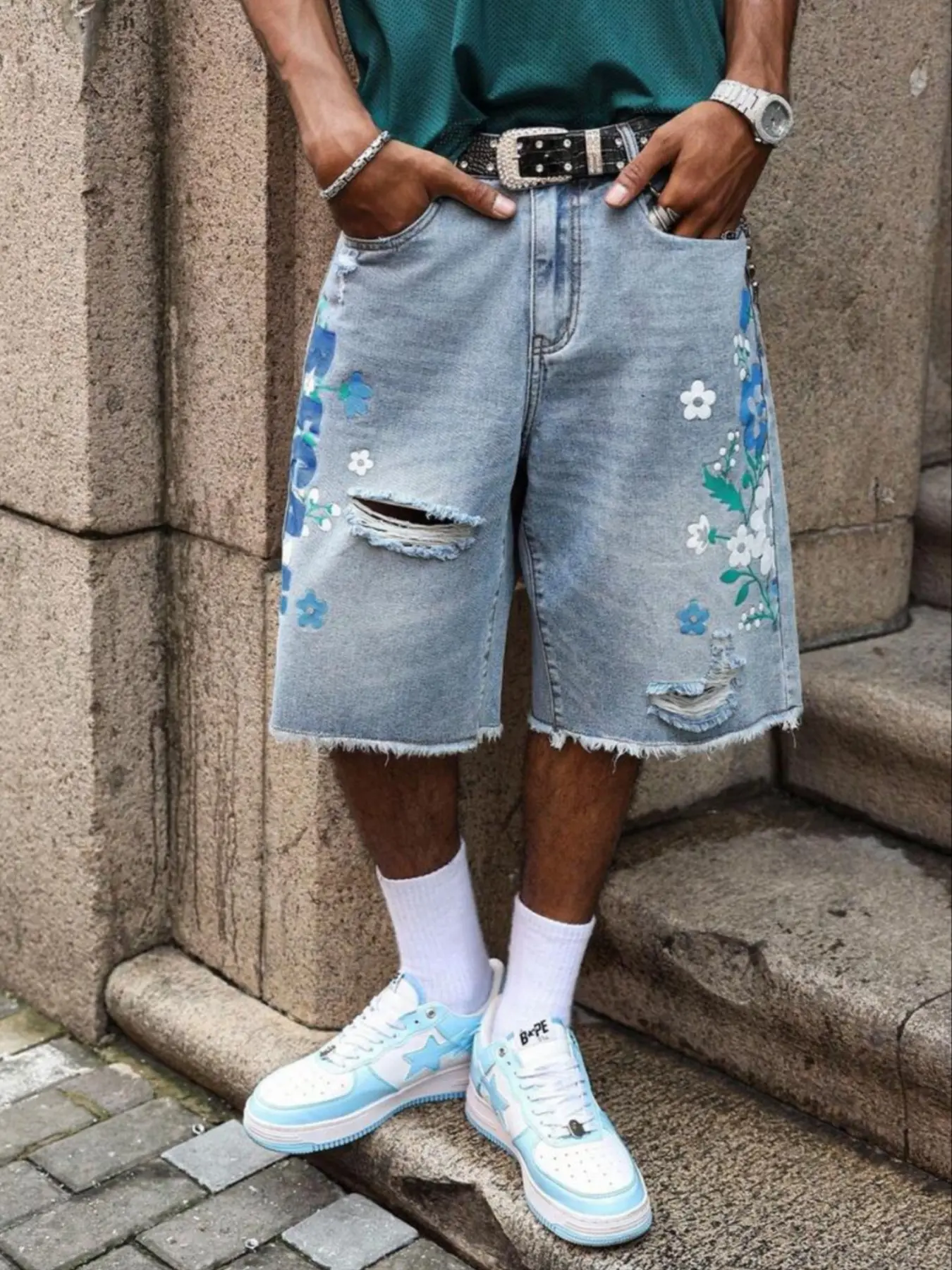 Men's Y2K Aesthetic Floral Print Ripped Denim Shorts, Loose Baggy Knee Length, Raw Fringe Hem, Distressed Jean Jorts, Hip Hop Streetwear, Casual Summer Bermuda Shorts
